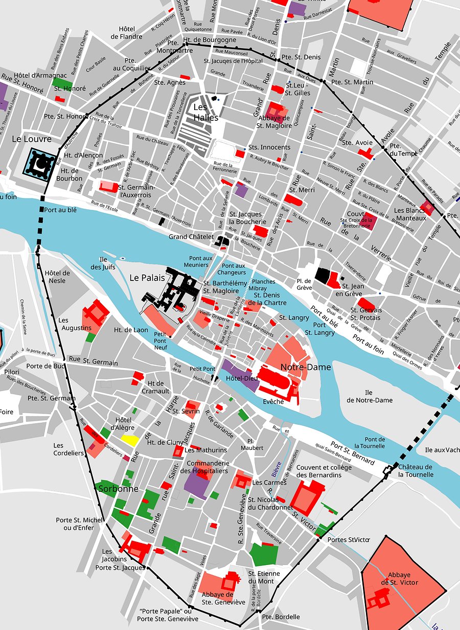 Plan ALPAGE de Paris vers 1300-1330, recadré sur la ville traversée par Hugo