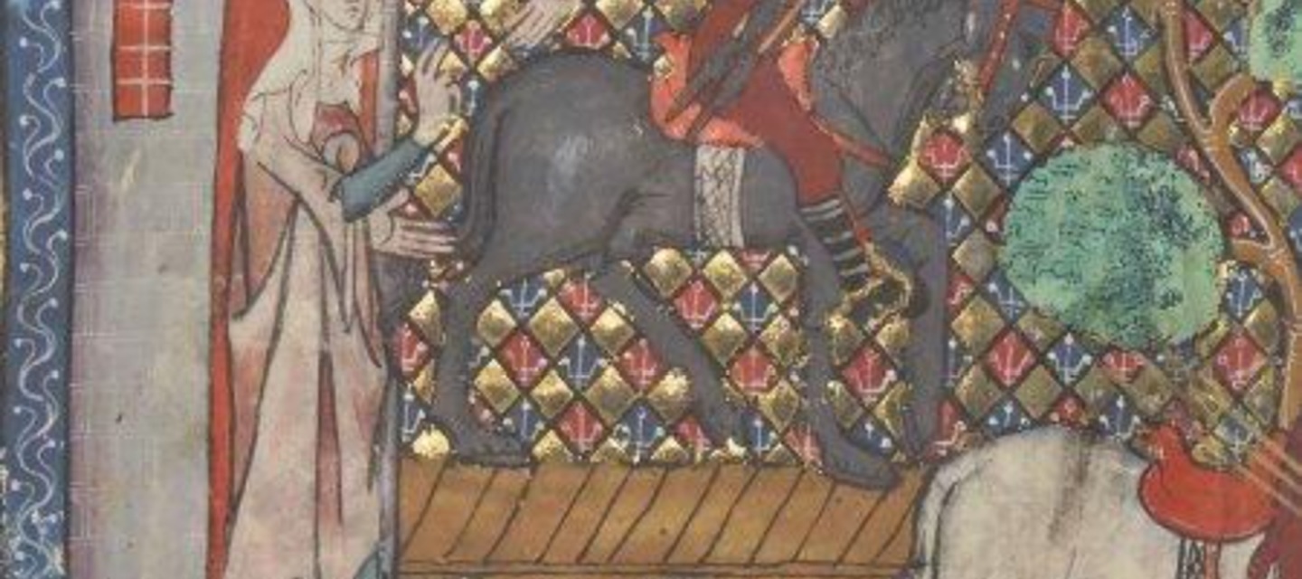 Cavalier à cheval sur une passerelle de bois dans une enluminure médiévale du Roman de Perceval