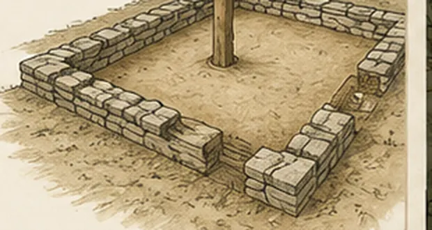 Évocation graphique de solins de pierres sèches délimitant une petite habitation