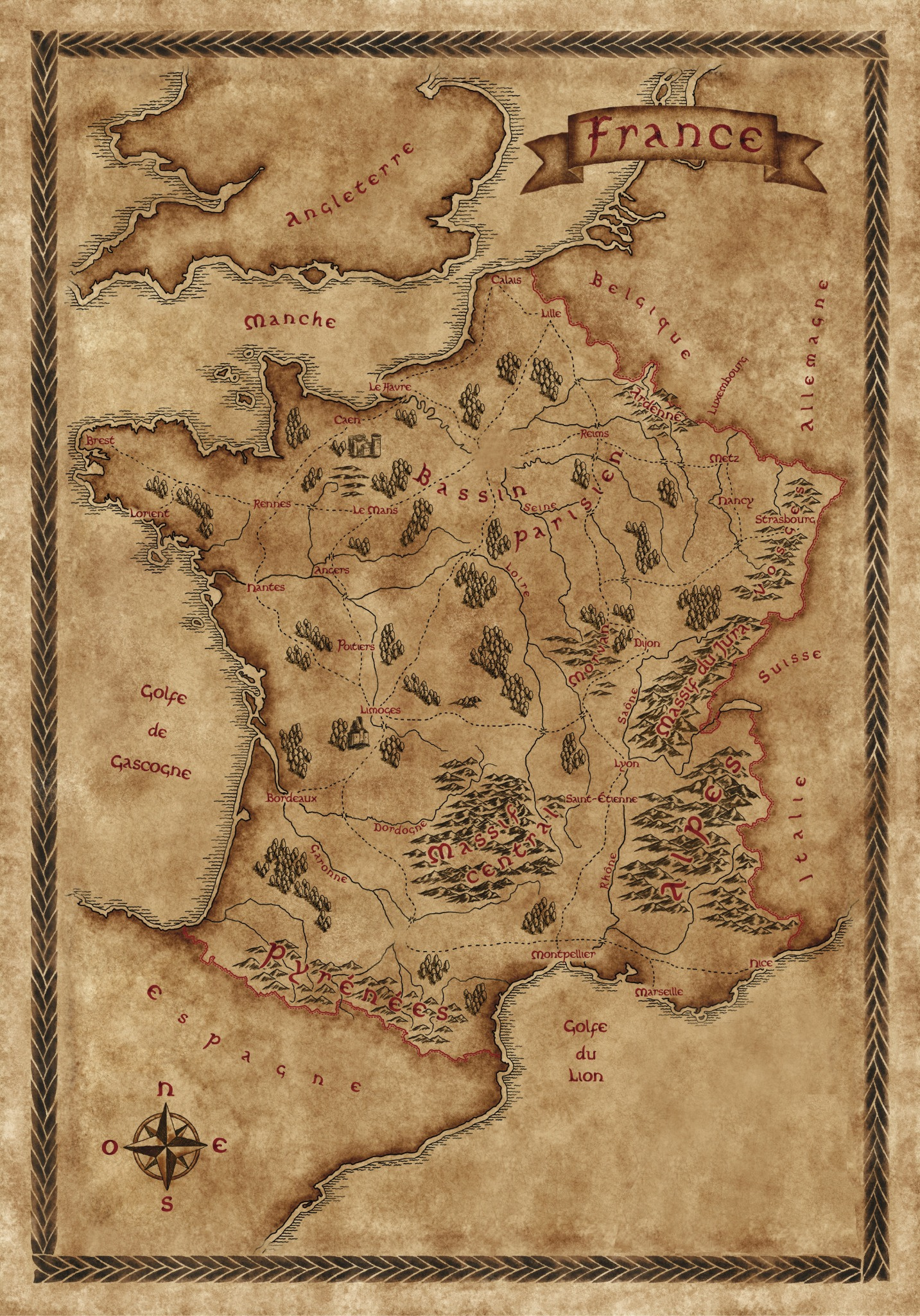 Carte de France — itinéraire de Hugo dans L’Odyssée du Templier, Tome I